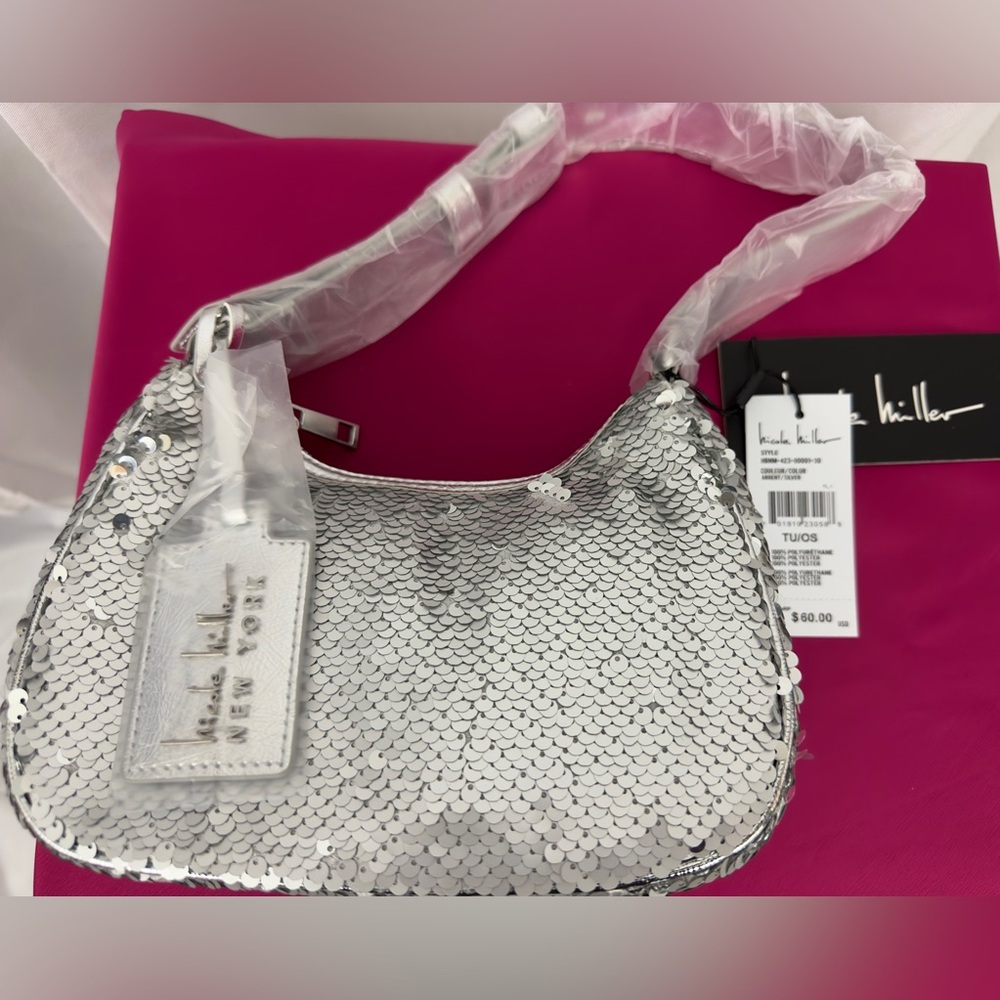 Nicole Miller - Silver Sequin Shoulder Bag Adjustable Silver Thick Strap MSRP$60 - Picture 4 of 12